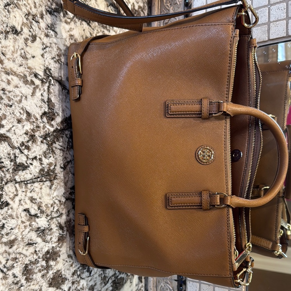 Tory Burch Brown Leather Satchel with Brass Accents